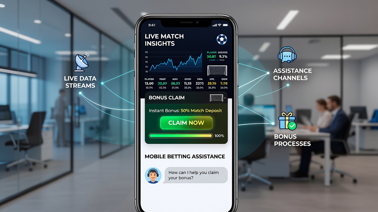 Schermafbeelding van een mobiele app met live voetbalanalyse en directe bonusclaimoptie