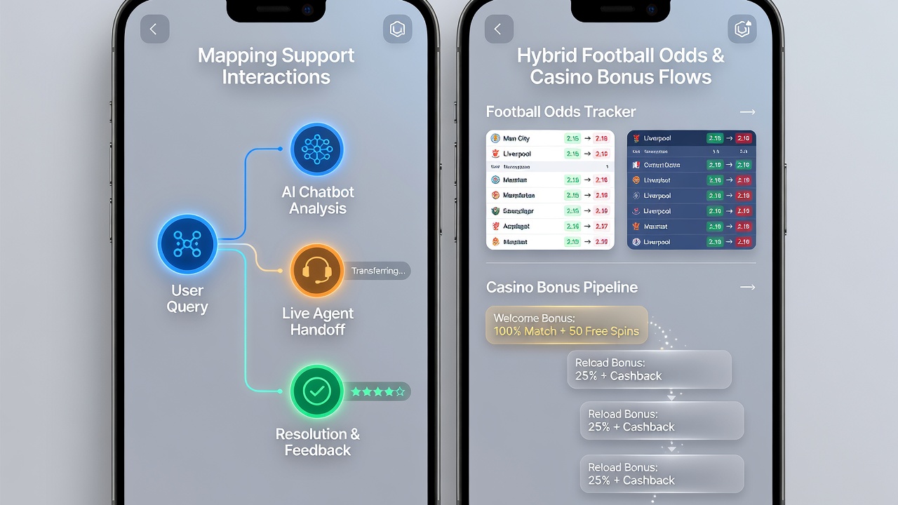 Diagram van datastromen tussen klantenservice, voetbalodds en casinobonussen op smartphones