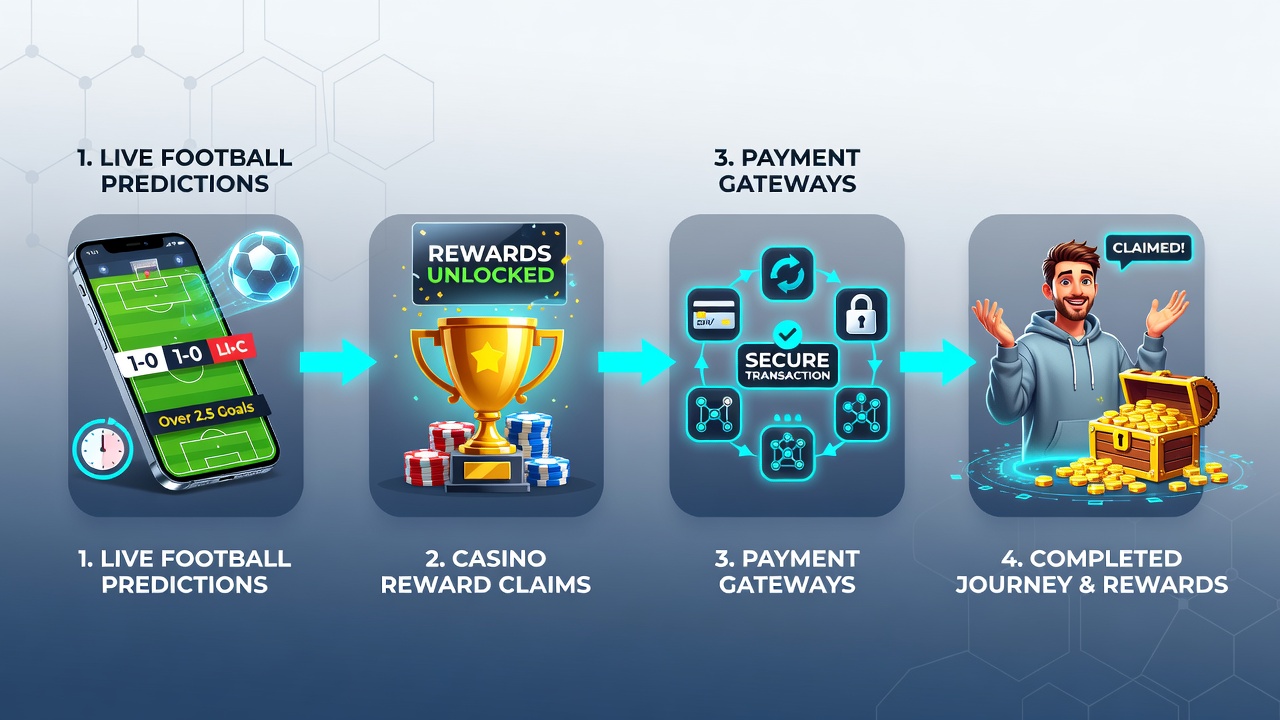 Diagram van data stromen tussen voetbalvoorspellingen, betalingsgateways en casino beloningsclaims op smartphones